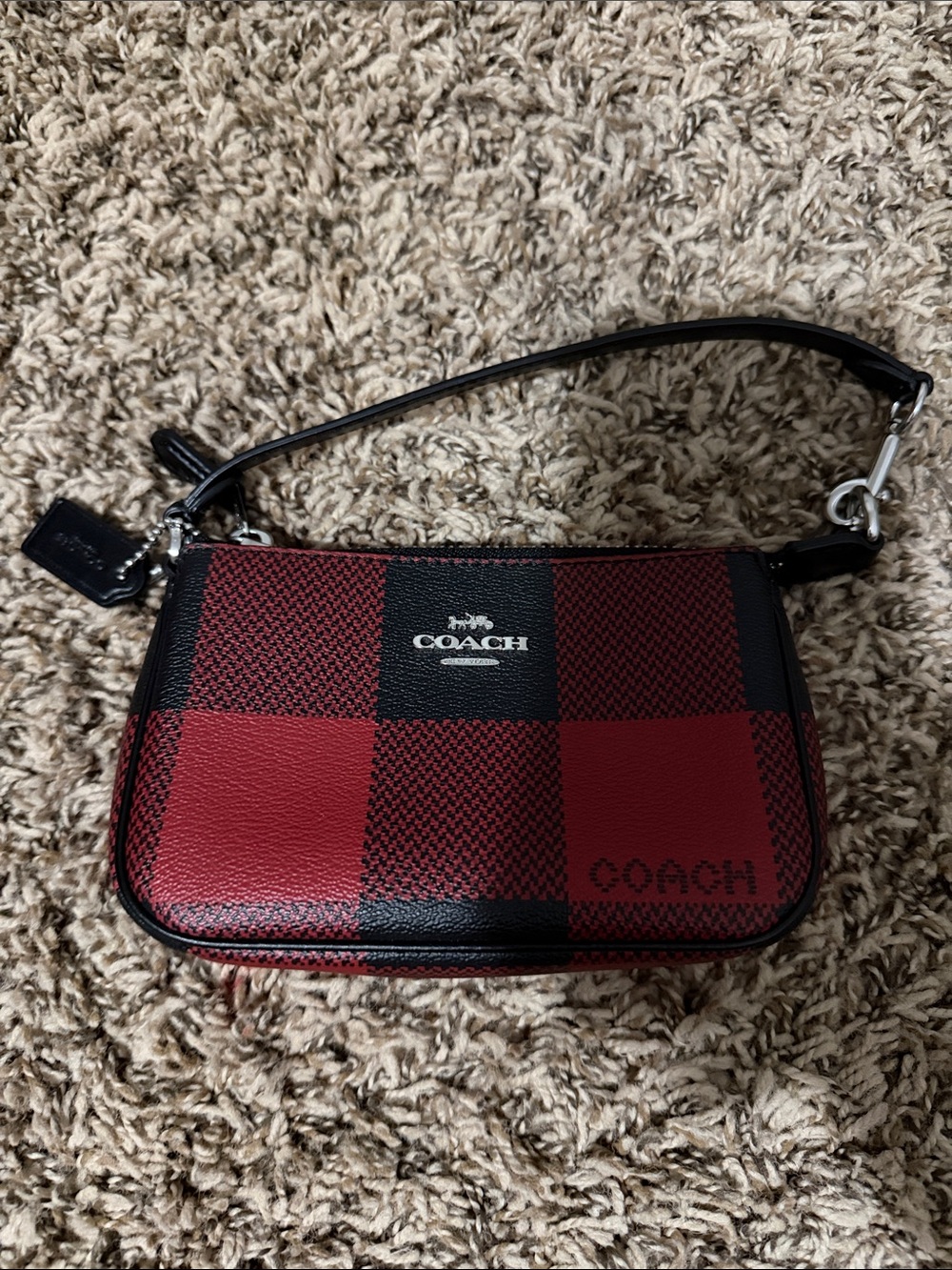 COACH Red and Black Plaid Leather Wristlet